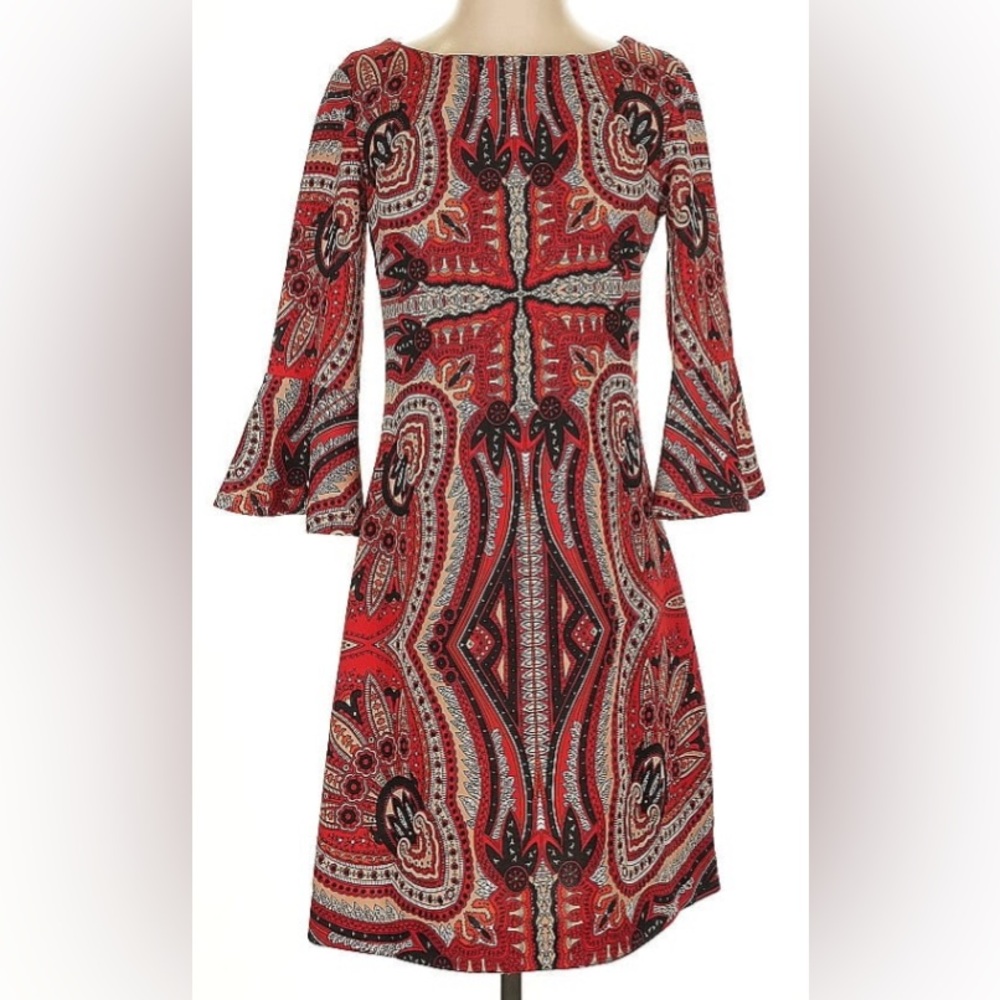 NEW YORK & COMPANY STRETCH BELL SLEEVE RED ABSTRACT PRINT A LINE DRESS SZ SMALL
